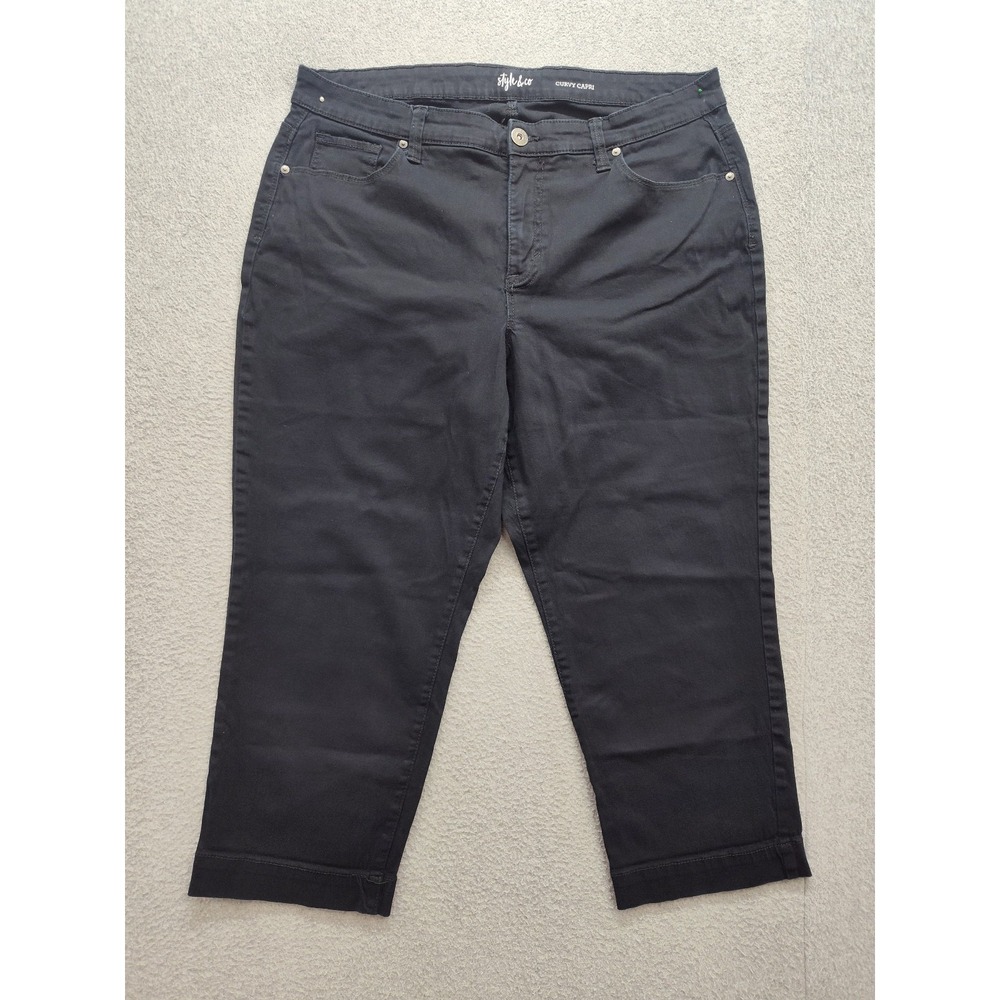 Style & Co Women Cropped Denim Jeans 16 Blue Zip Button 5 Pockets Logo Outdoor